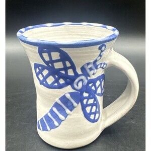 Art Studio Pottery BLUE & WHITE Glazed Butterfly/Firefly Mug Signed 12oz